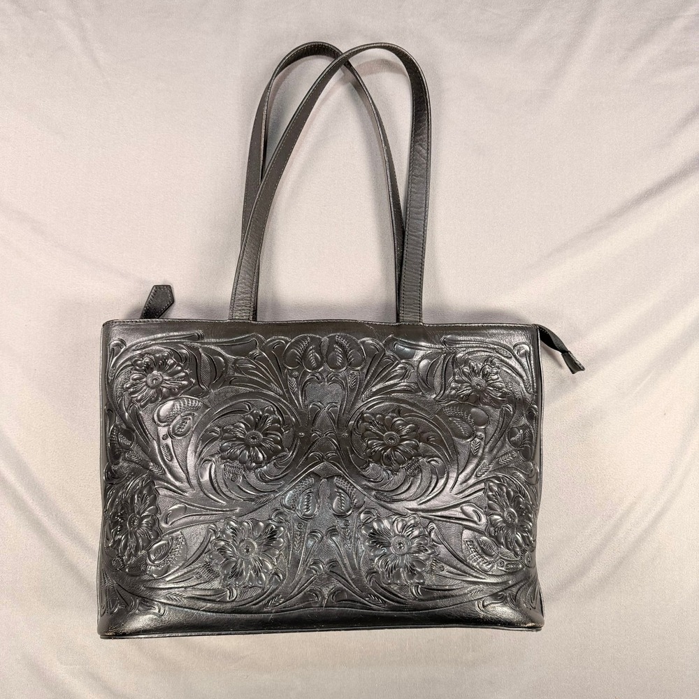 Mauzari Floral Tooled Tote Cowhide Leather Black Medium 14x10 Zip Top  Bag